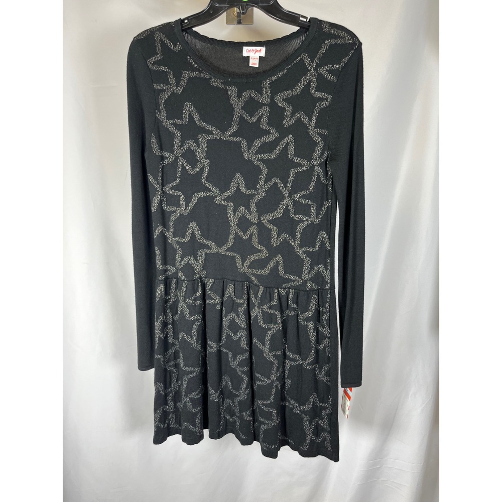 Cat & Jack Girls XL 14/16 Black Metallic Silver Star Long Sleeve Sweater Dress